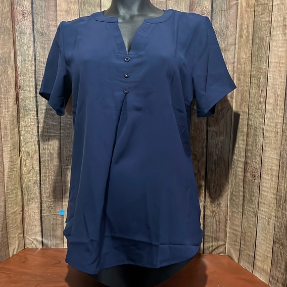 5for$10 Medium Blouse Casual Short Sleeve Tops Button Chiffon Tunics Henley Navy - Picture 5 of 5